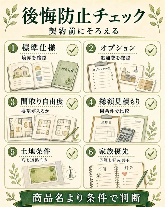 商品選びで後悔しないための確認項目をまとめた図解